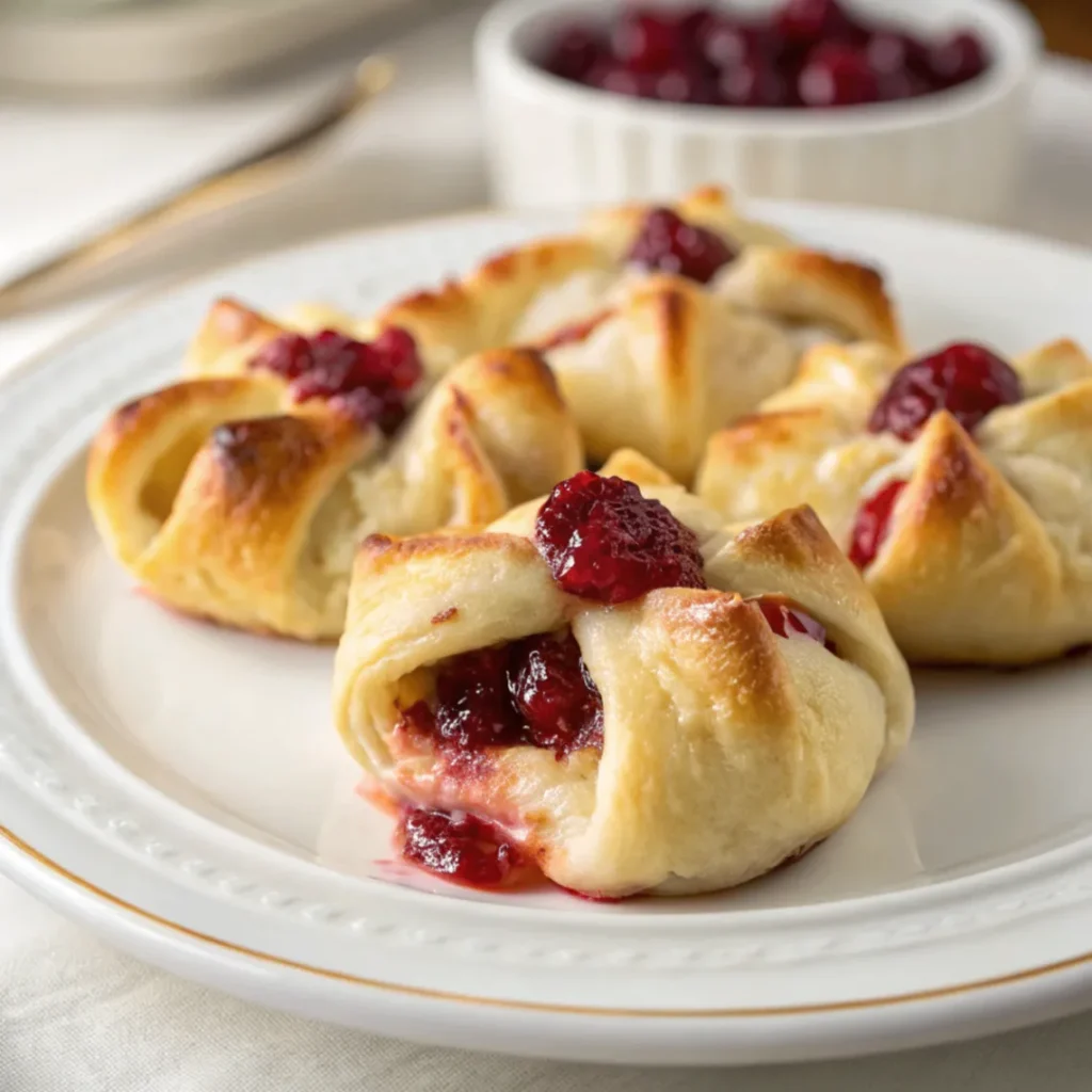 Cranberry Brie Knots served on a white plate with melted brie and cranberry sauce in flaky puff pastry