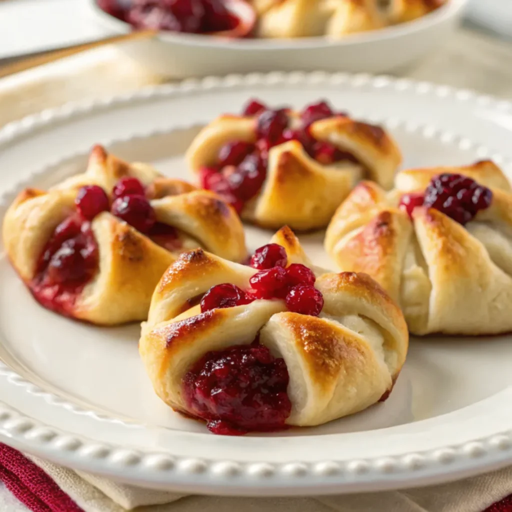 Cranberry Brie Knots served on a white plate with melted brie and cranberry sauce in flaky puff pastry