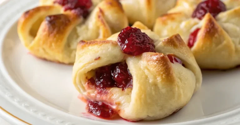 Cranberry Brie Knots served on a white plate with melted brie and cranberry sauce in flaky puff pastry