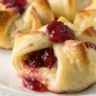 Cranberry Brie Knots served on a white plate with melted brie and cranberry sauce in flaky puff pastry
