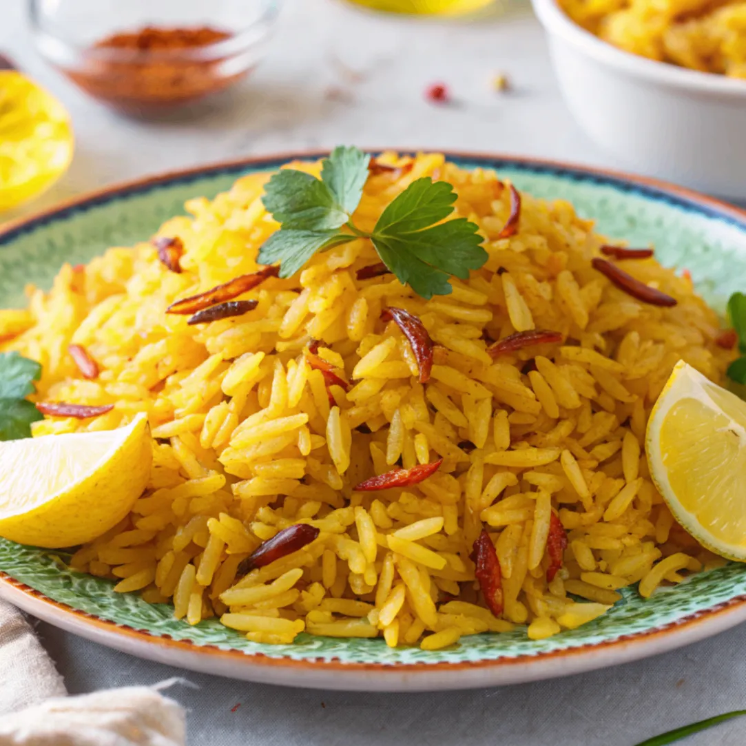 Persian Saffron Rice (Tachin) with a golden crispy tahdig crust, garnished with barberries and pistachios, served in a white plate on a wooden table