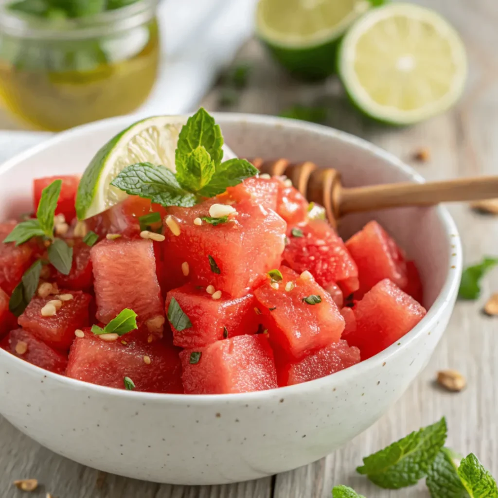 A top-view close-up of Honey-Lime Mint Watermelon Salad in a white bowl, garnished with fresh mint and lime zest