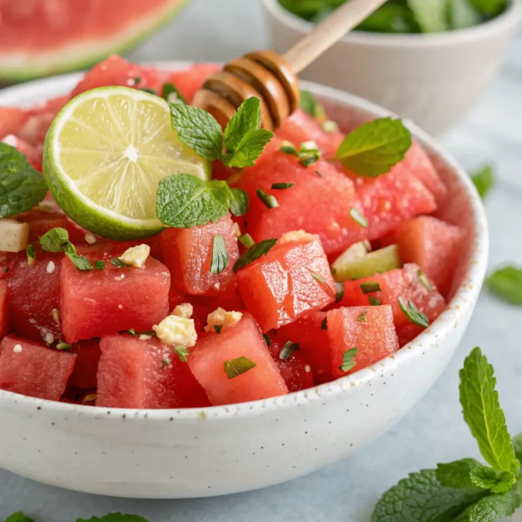 A top-view close-up of Honey-Lime Mint Watermelon Salad in a white bowl, garnished with fresh mint and lime zest