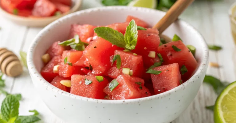 A top-view close-up of Honey-Lime Mint Watermelon Salad in a white bowl, garnished with fresh mint and lime zest