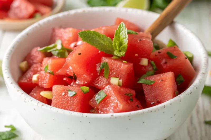 A top-view close-up of Honey-Lime Mint Watermelon Salad in a white bowl, garnished with fresh mint and lime zest