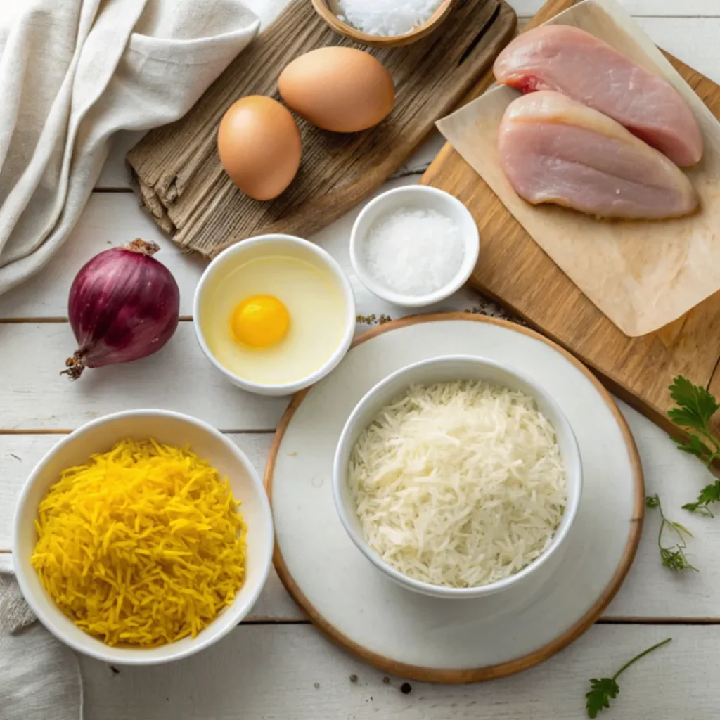 Flat lay of ingredients used in Persian Saffron Rice (Tachin), including basmati rice, saffron, yogurt, eggs, chicken, onion, and spices