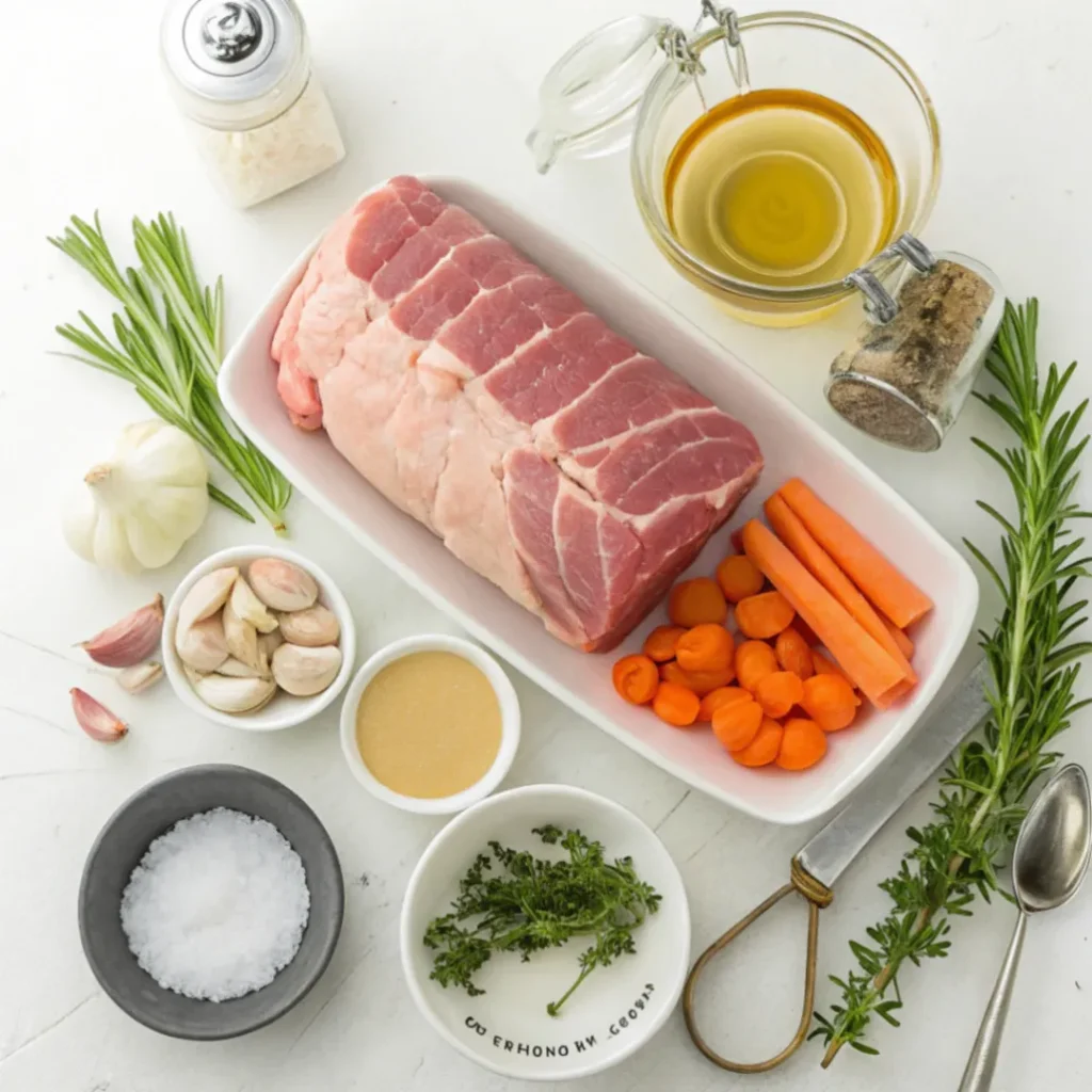 Raw ingredients for slow cooker pork loin roast including pork loin, garlic, onion, herbs, carrots, celery, and broth arranged on a white counter