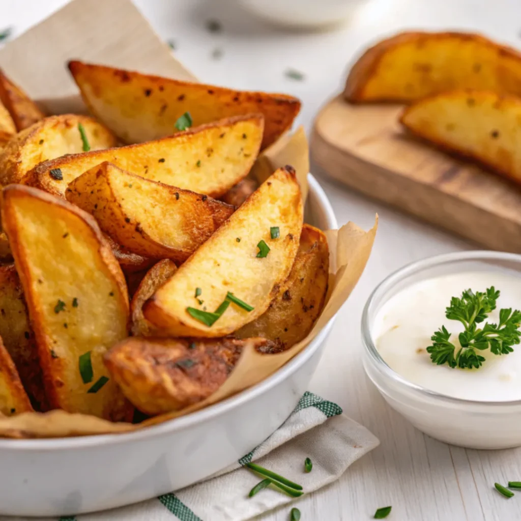 Close-up of golden crispy Seasoned Oven Baked Potato Wedges on a white plate with dip