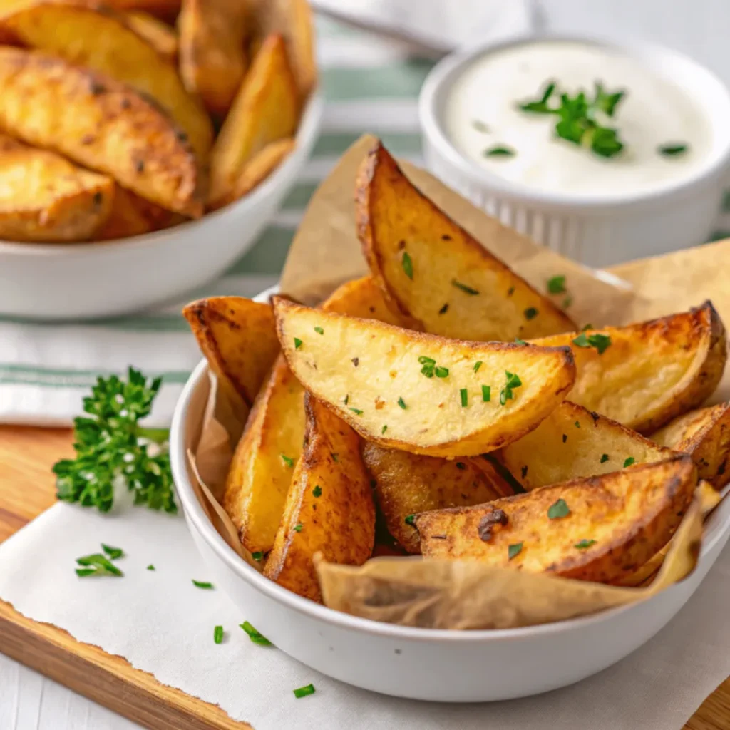 Close-up of golden crispy Seasoned Oven Baked Potato Wedges on a white plate with dip