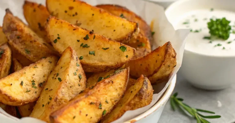 Close-up of golden crispy Seasoned Oven Baked Potato Wedges on a white plate with dip