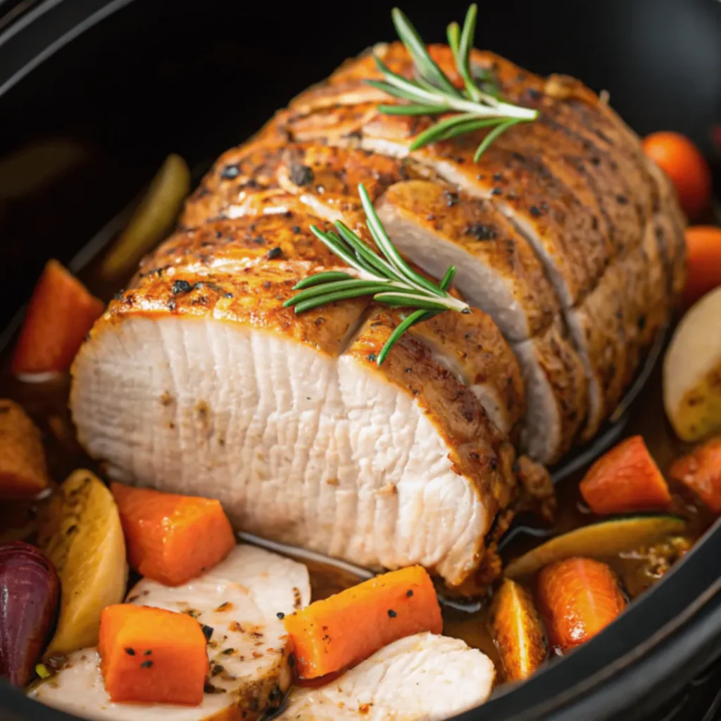 Juicy slow cooker pork loin roast served with carrots, celery, onions, and fresh rosemary on a white plate