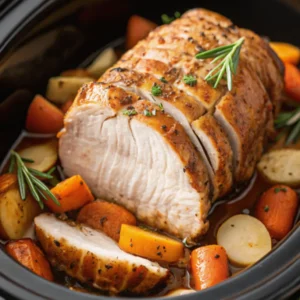 Juicy slow cooker pork loin roast served with carrots, celery, onions, and fresh rosemary on a white plate