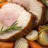 Juicy slow cooker pork loin roast served with carrots, celery, onions, and fresh rosemary on a white plate