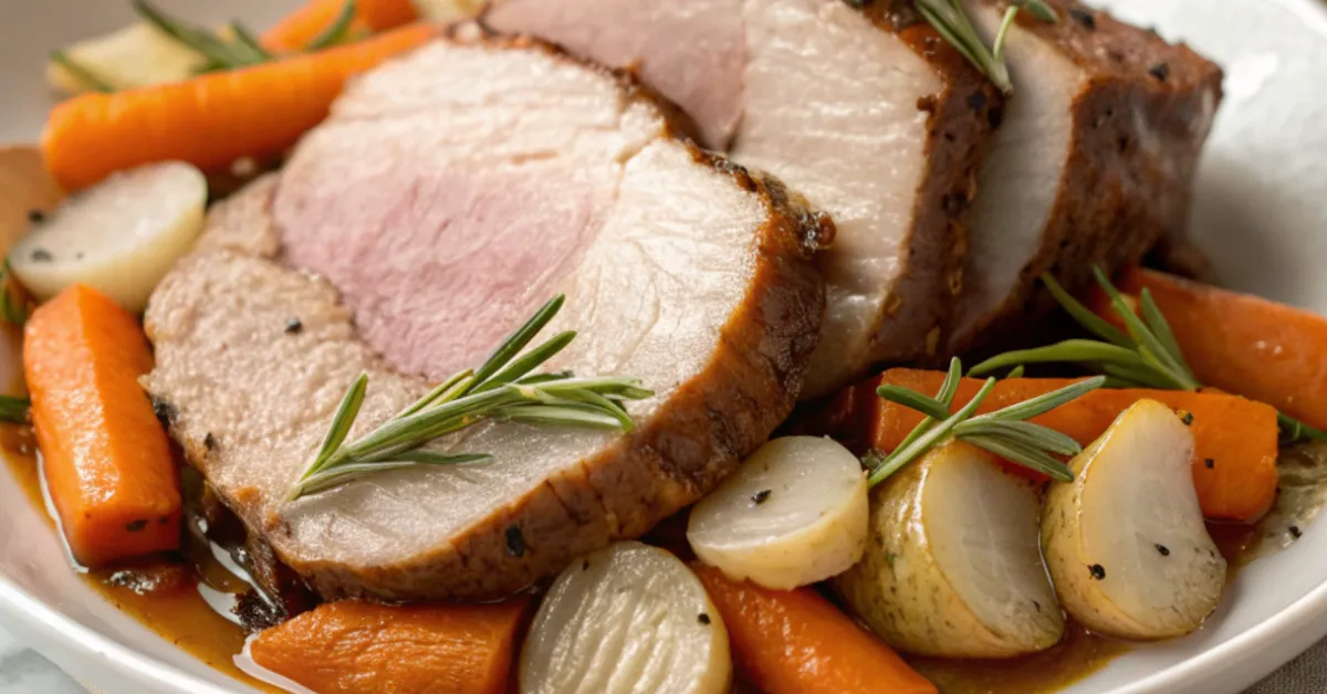 Juicy slow cooker pork loin roast served with carrots, celery, onions, and fresh rosemary on a white plate
