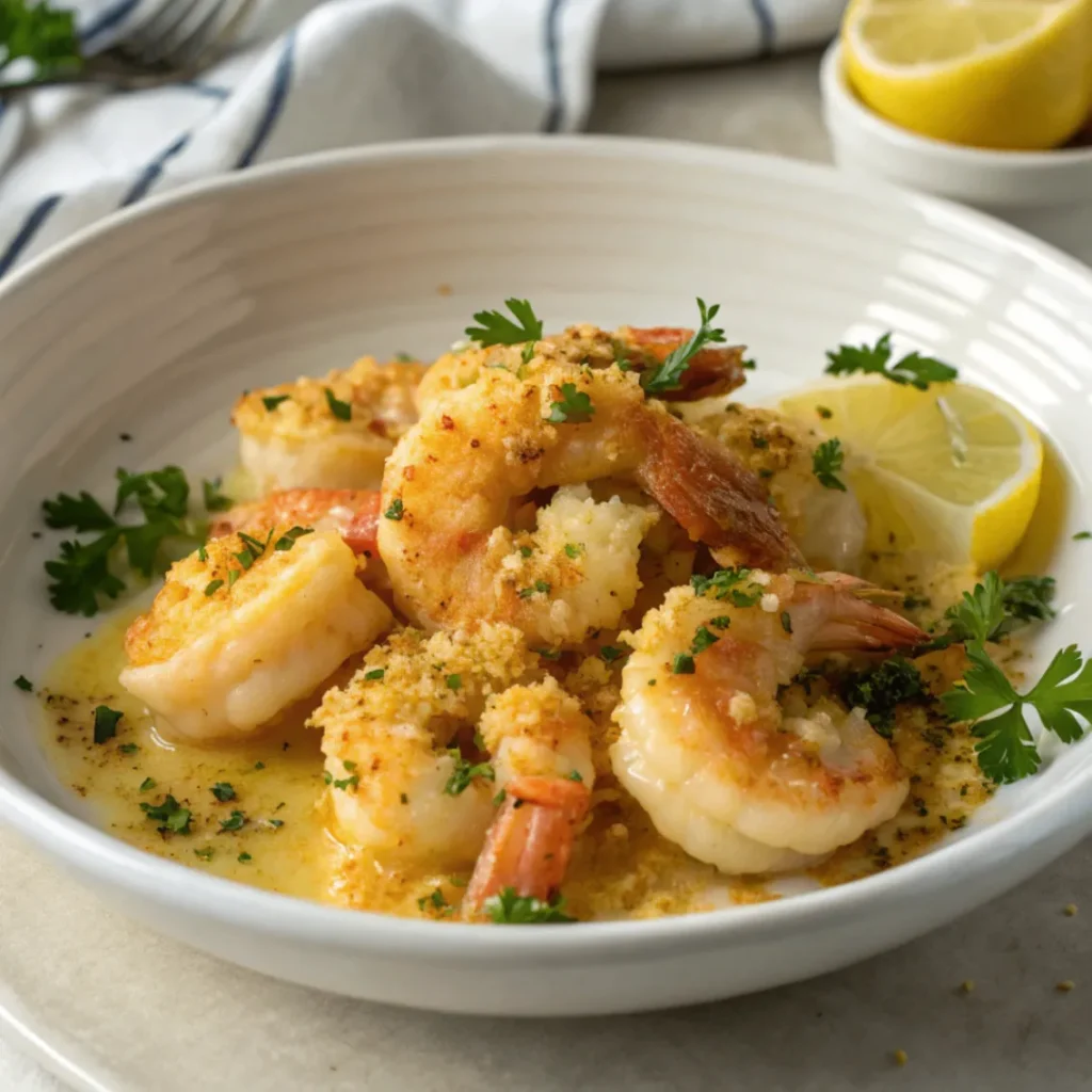 A close-up top view of Shrimp DeJonghe served in a white ceramic dish, featuring golden-baked shrimp in garlic butter sauce topped with crisp herb breadcrumbs.