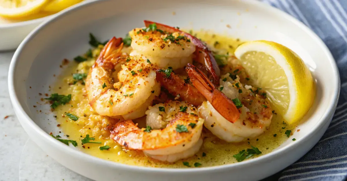 A close-up top view of Shrimp DeJonghe served in a white ceramic dish, featuring golden-baked shrimp in garlic butter sauce topped with crisp herb breadcrumbs.