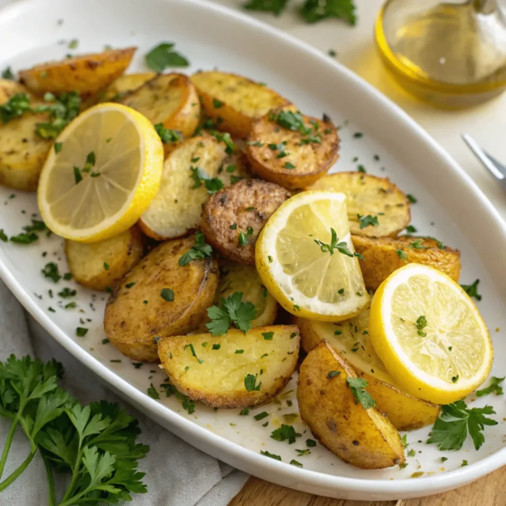 Crispy Greek Lemon Potatoes served on a white plate with lemon wedges and parsley garnish
