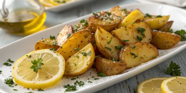 Crispy Greek Lemon Potatoes served on a white plate with lemon wedges and parsley garnish