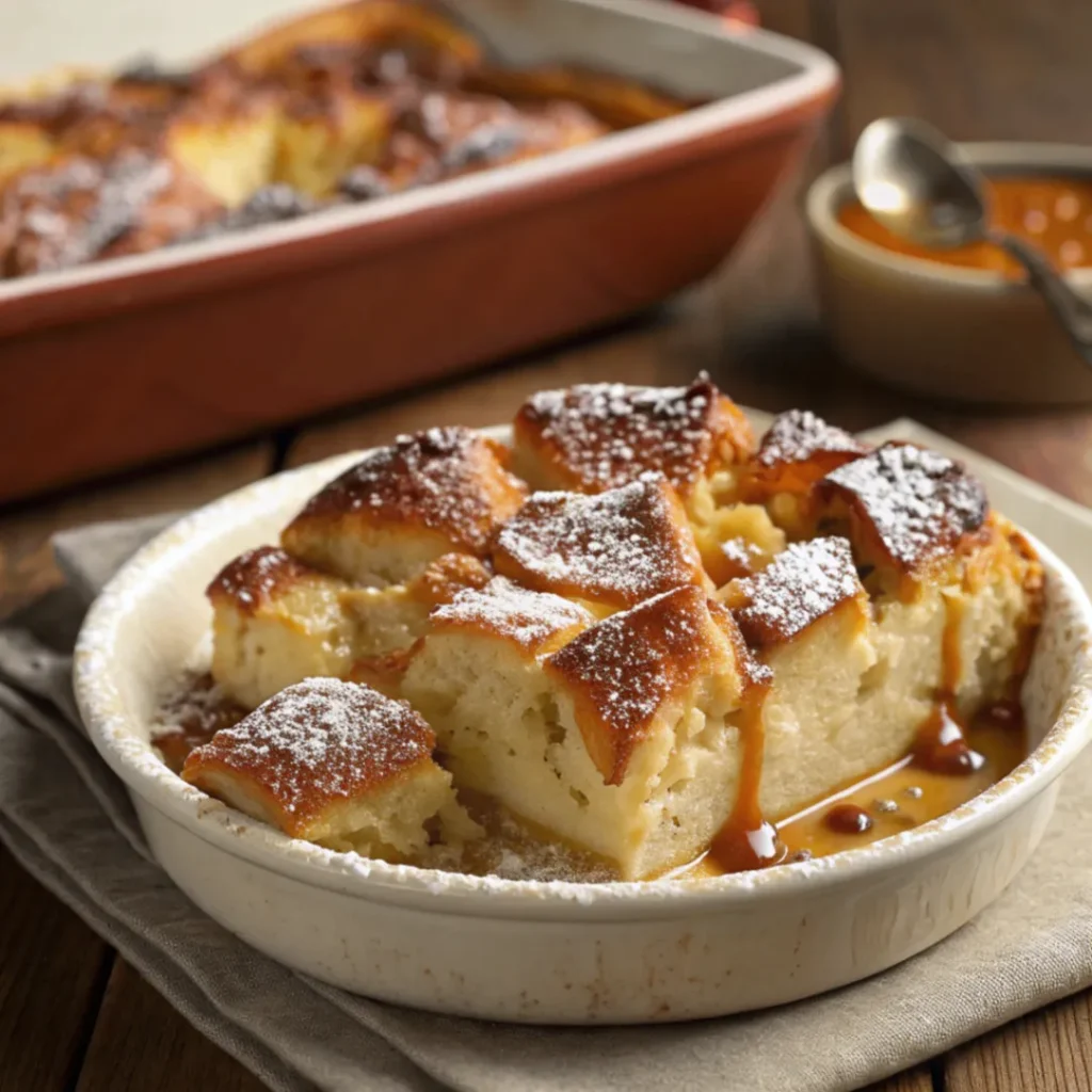 Best Ever Bread Pudding with golden crust and vanilla sauce served on a white plate