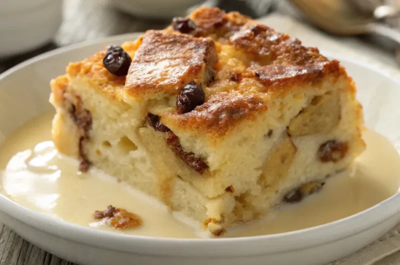 Best Ever Bread Pudding with golden crust and vanilla sauce served on a white plate