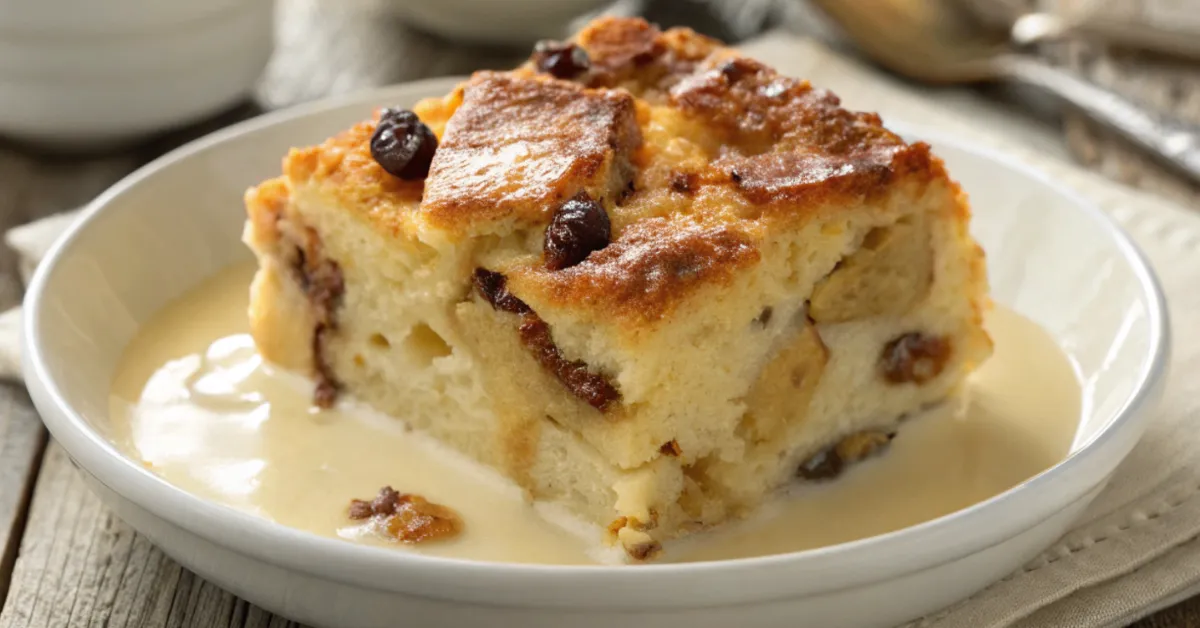 Best Ever Bread Pudding with golden crust and vanilla sauce served on a white plate