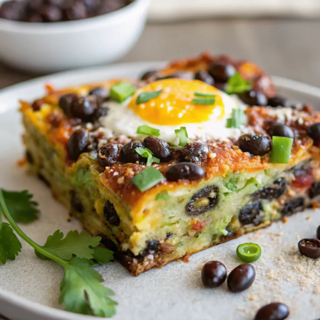 Close-up of freshly baked Black Bean Egg Bake with cheese, black beans, and peppers on a white plate