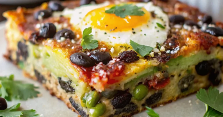 Close-up of freshly baked Black Bean Egg Bake with cheese, black beans, and peppers on a white plate