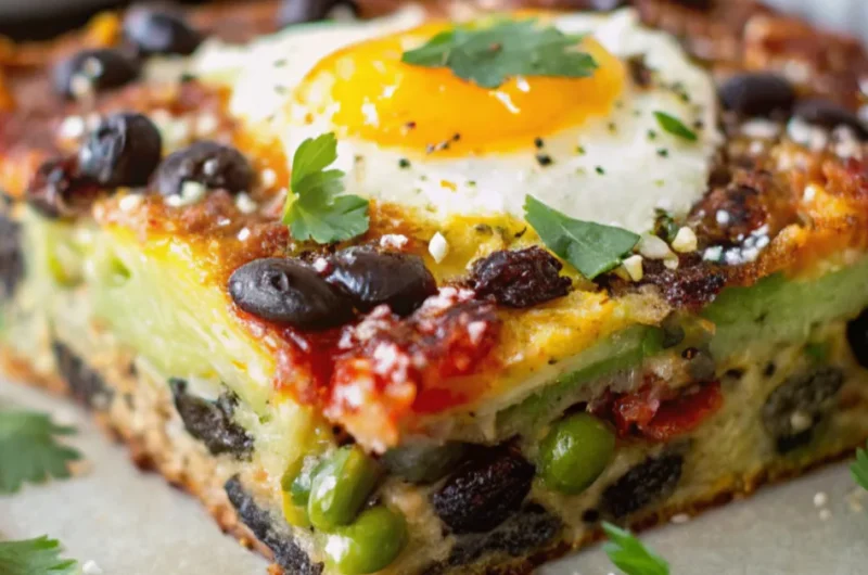 Close-up of freshly baked Black Bean Egg Bake with cheese, black beans, and peppers on a white plate