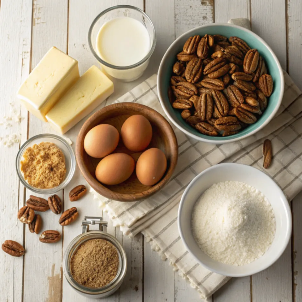 Overhead shot of fresh ingredients for Butter Pecan Layer Cake including butter, brown sugar, eggs, milk, toasted pecans, vanilla extract, and flour on a rustic wooden table