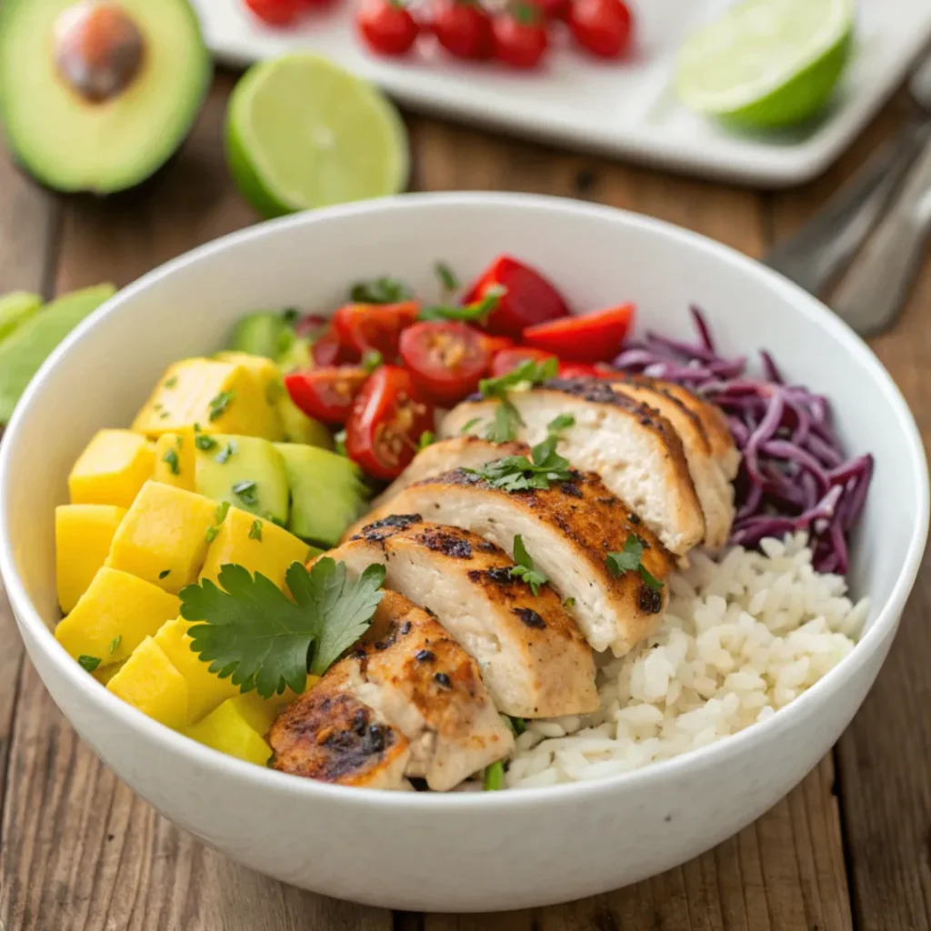 Overhead view of Chili Lime Mango Marinated Chicken Bowls with grilled chicken, mango, avocado, and rice served in a white bowl
