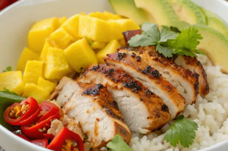 Overhead view of Chili Lime Mango Marinated Chicken Bowls with grilled chicken, mango, avocado, and rice served in a white bowl