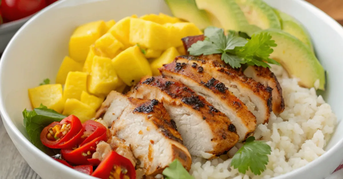 Overhead view of Chili Lime Mango Marinated Chicken Bowls with grilled chicken, mango, avocado, and rice served in a white bowl