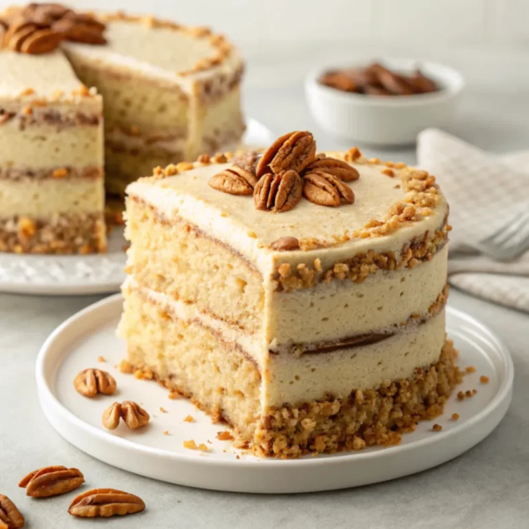 Close-up of a moist Butter Pecan Layer Cake with toasted pecans and creamy buttercream frosting on a white plate