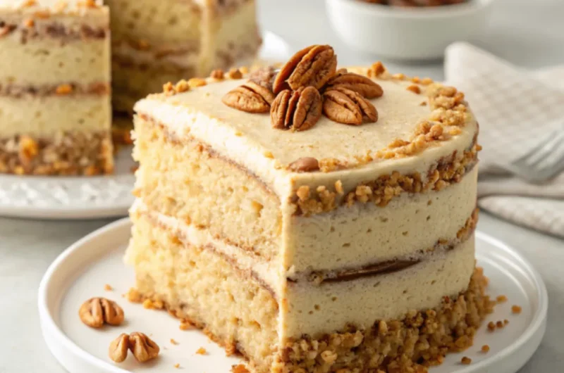 Close-up of a moist Butter Pecan Layer Cake with toasted pecans and creamy buttercream frosting on a white plate