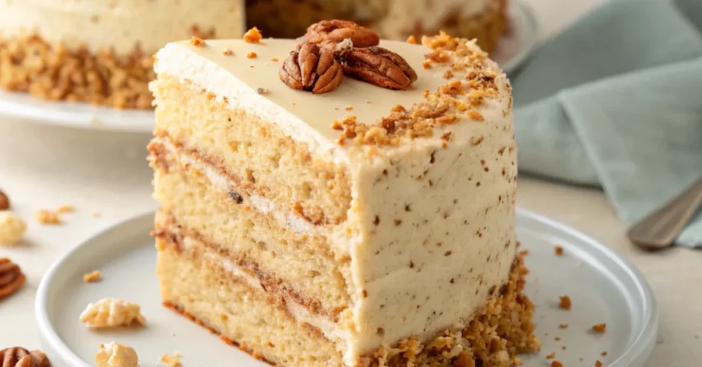 Close-up of a moist Butter Pecan Layer Cake with toasted pecans and creamy buttercream frosting on a white plate
