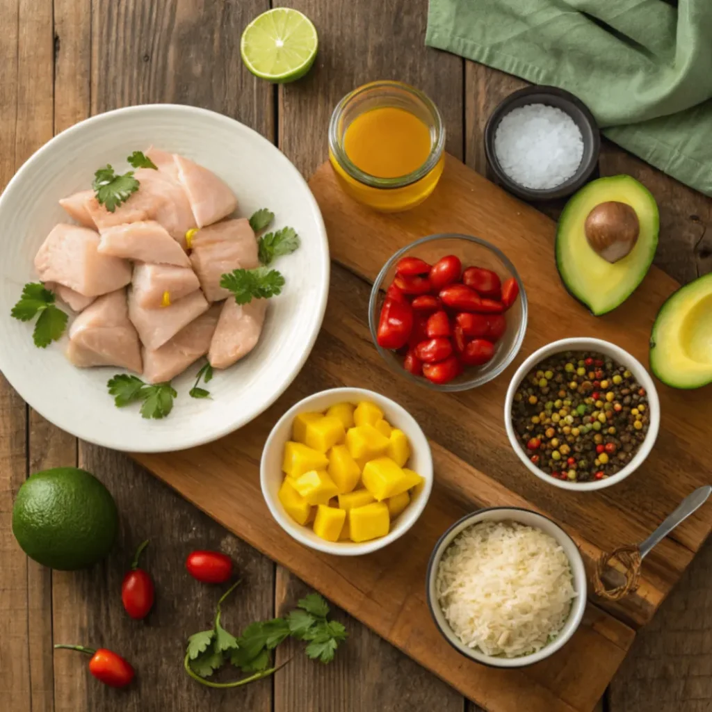 Fresh boneless chicken, ripe mango, lime juice, olive oil, garlic, chili flakes, honey, salt, pepper, cooked rice, avocado, tomatoes, red cabbage, corn, black beans, and cilantro on wooden table