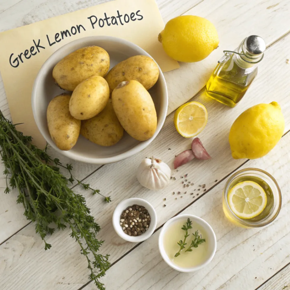 All the fresh, simple ingredients needed to make Greek Lemon Potatoes—lemon juice, olive oil, oregano, garlic, and potatoes