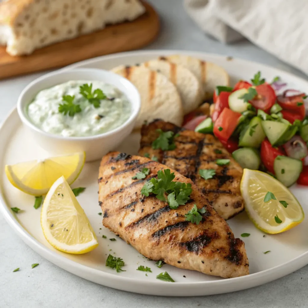 Grilled Greek Chicken with golden char marks served with tzatziki, lemon wedges, cucumber salad, and pita on a white plate