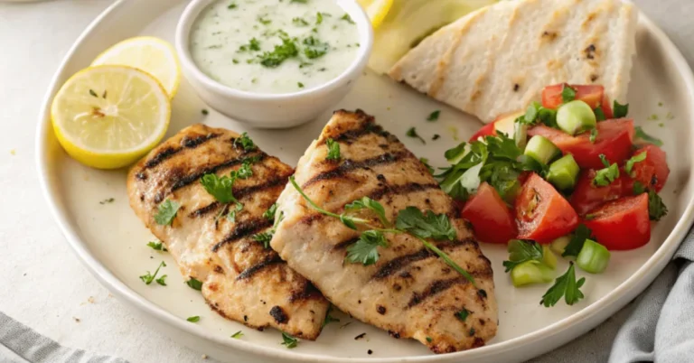 Grilled Greek Chicken with golden char marks served with tzatziki, lemon wedges, cucumber salad, and pita on a white plate