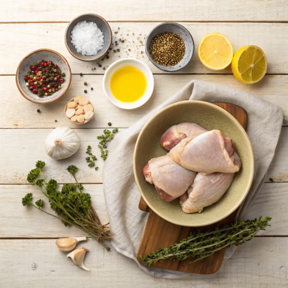 Top-down view of ingredients for Greek Chicken including chicken thighs, olive oil, lemon, garlic, herbs, and spices