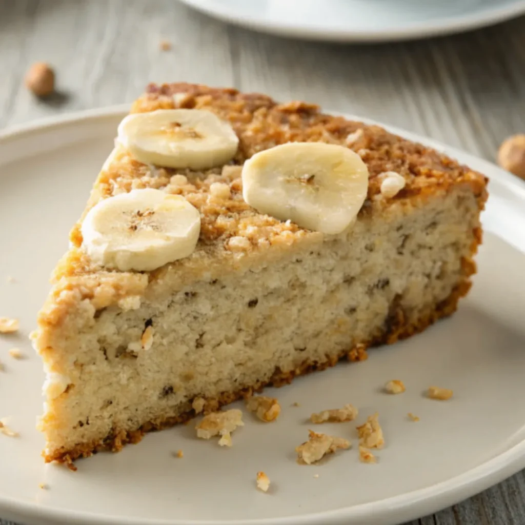 A close-up photo of a moist cake with oat flakes and bananas served on a white plate