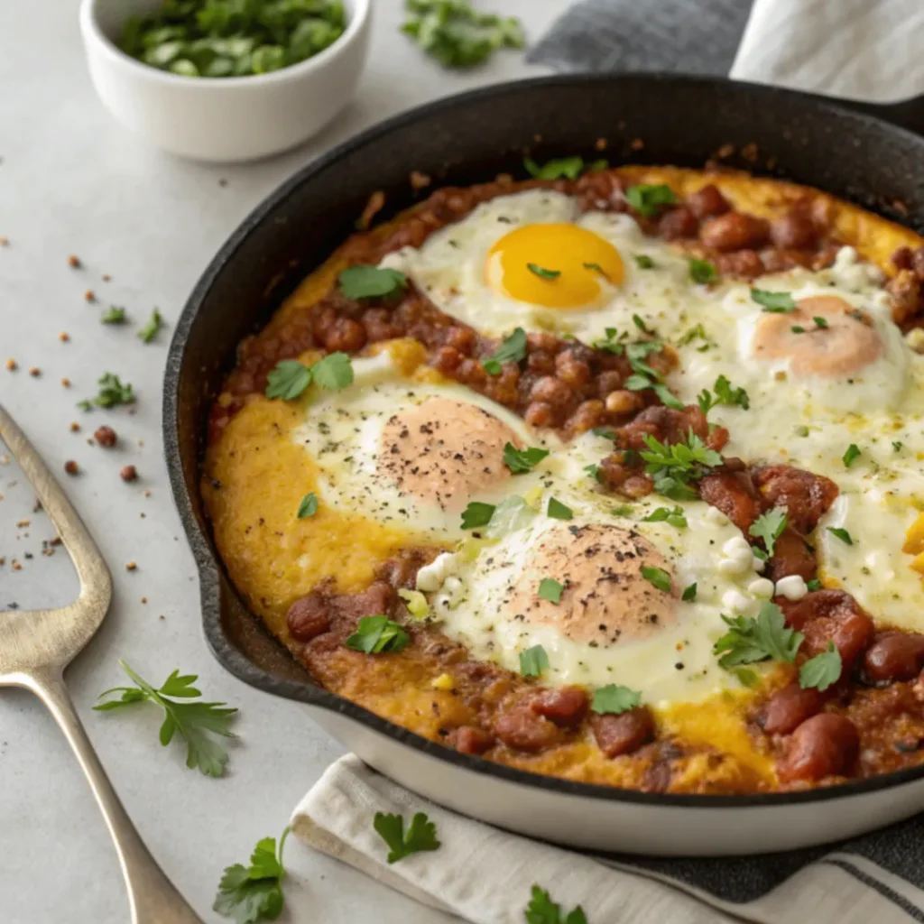 Top-down view of Polenta Refried Beans and Egg Skillet Bake in a white plate with golden polenta, creamy beans, baked eggs, and cilantro