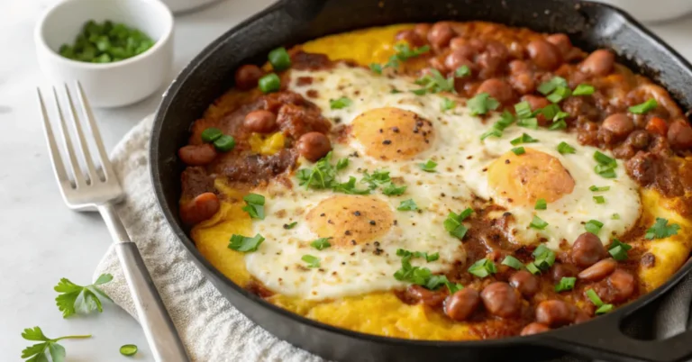 Top-down view of Polenta Refried Beans and Egg Skillet Bake in a white plate with golden polenta, creamy beans, baked eggs, and cilantro