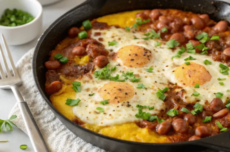Top-down view of Polenta Refried Beans and Egg Skillet Bake in a white plate with golden polenta, creamy beans, baked eggs, and cilantro