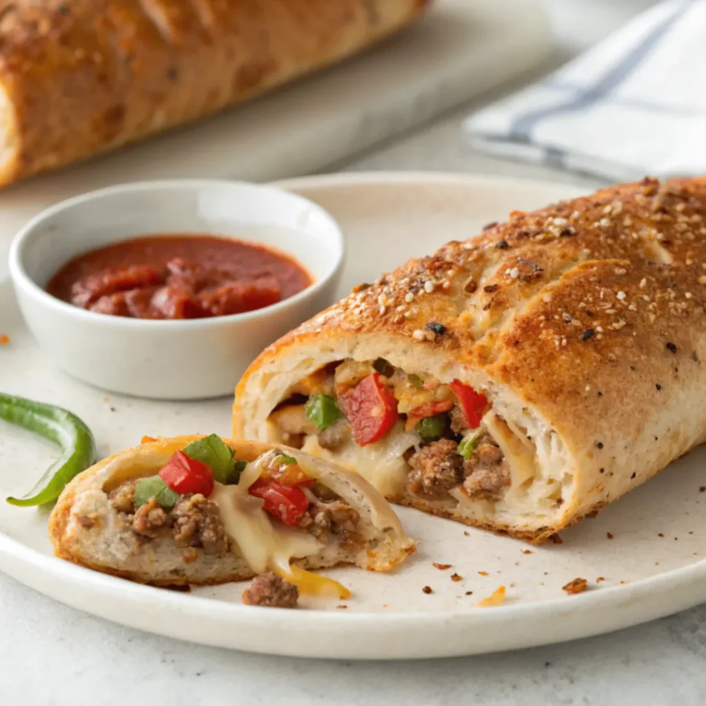 Close-up of sliced sausage pepper and onion stromboli showing melted mozzarella, cooked Italian sausage, and sautéed peppers and onions on a golden baked crust