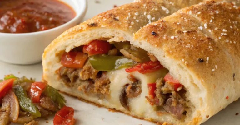 Close-up of sliced sausage pepper and onion stromboli showing melted mozzarella, cooked Italian sausage, and sautéed peppers and onions on a golden baked crust