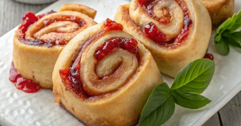 Close-up of Strawberry Rhubarb Basil Jam Rolls with swirls of jam and basil on a white plate