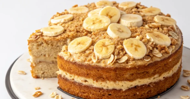 A close-up photo of a moist cake with oat flakes and bananas served on a white plate
