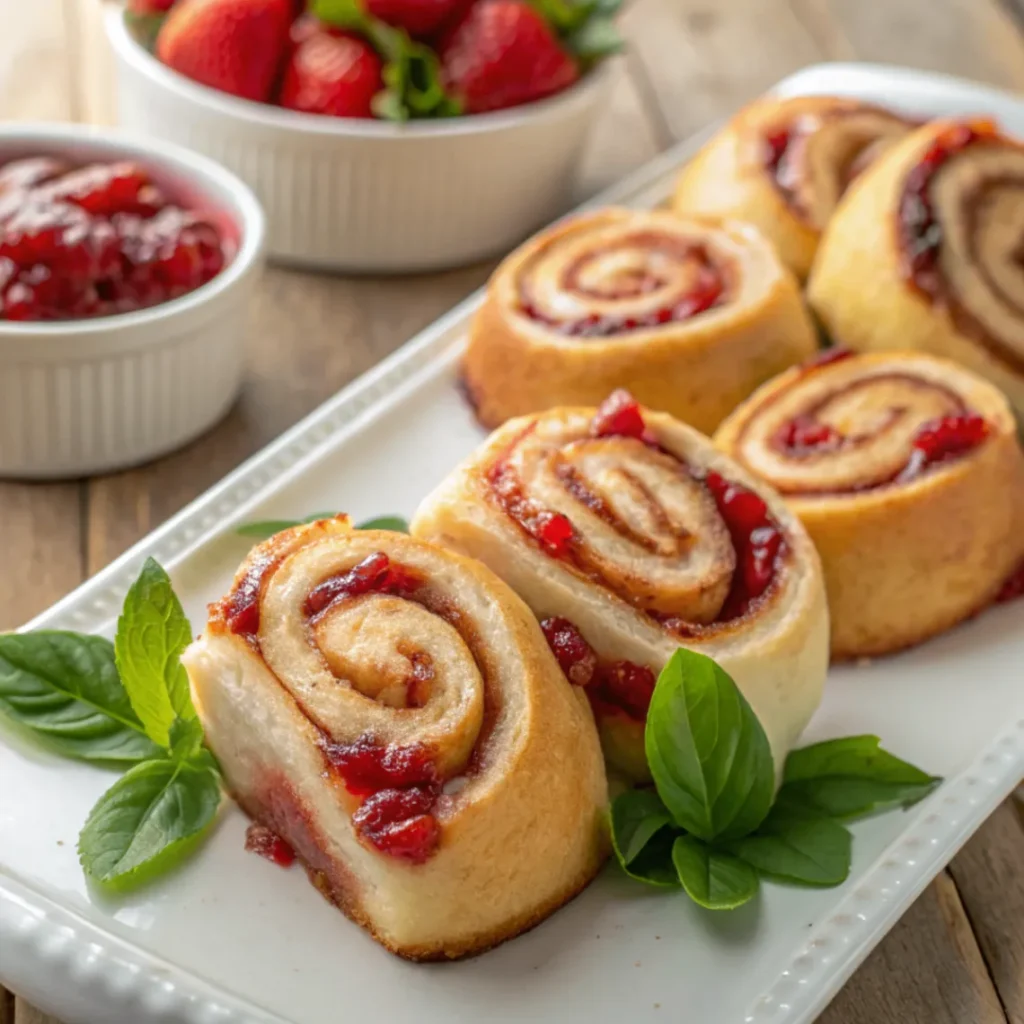 Close-up of Strawberry Rhubarb Basil Jam Rolls with swirls of jam and basil on a white plate