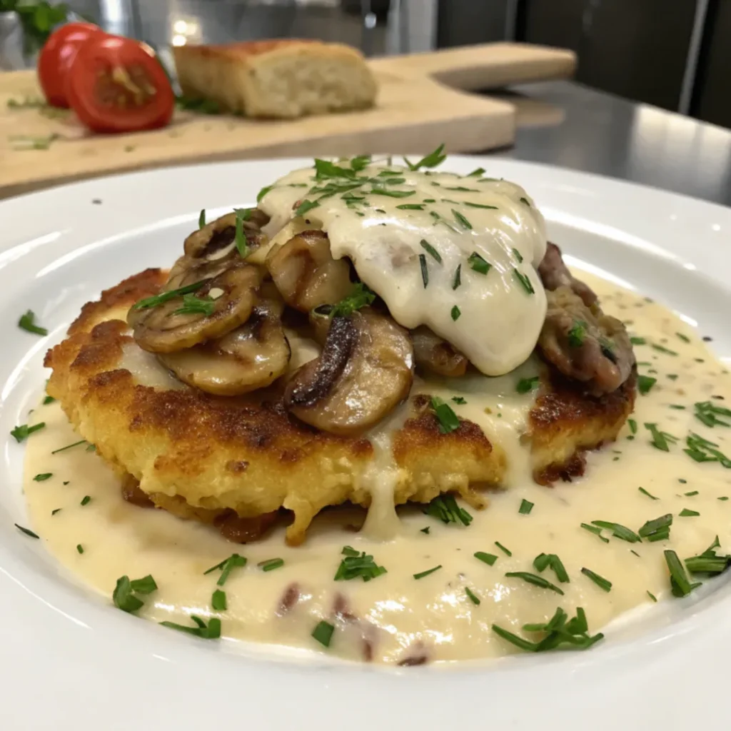 Mozzarella Rösti with Onion and Mushroom Cream Sauce served on a white plate, topped with creamy mushroom-onion sauce and garnished with thyme